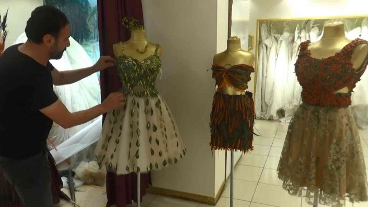 Diyarbakırlı modacı ağaç yapraklarında gelinlik ve elbiseler tasarladı