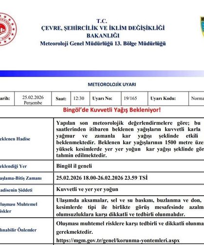 Bingöl için 'Kuvvetli Yağış' uyarısı