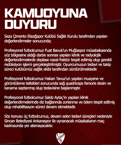 Seza Çimento Elazığspor’da Üç Futbolcu Sakatlandı