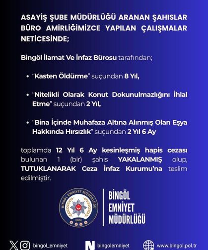 Bingöl'de hapis cezası bulunan şahıs yakalandı