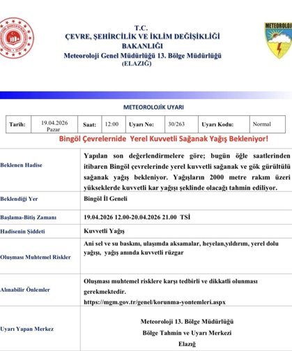 Meteorolojiden Bingöl için yağış uyarısı