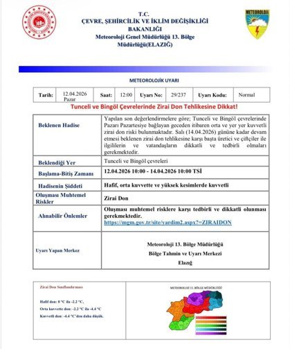 Meteorolojiden Bingöl ve Tunceli için zirai don uyarısı