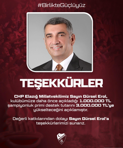 Milletvekili Erol, Seza Çimento Elazığspor’a Şampiyonluk Prim Desteğini 3 Milyon TL’ye Yükseltti