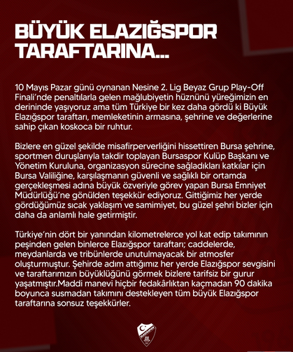 Seza Çimento Elazığspor’dan Taraftara Teşekkür Mesajı