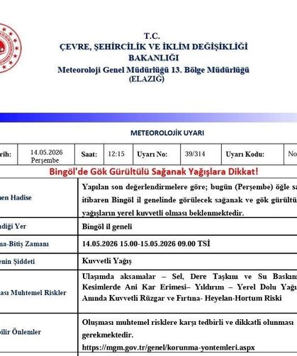 Bingöl için sağanak yağış uyarısı