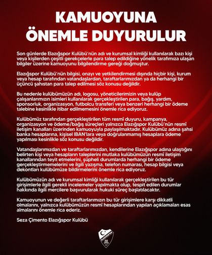 Elazığspor'dan Dolandırıcılık Uyarısı