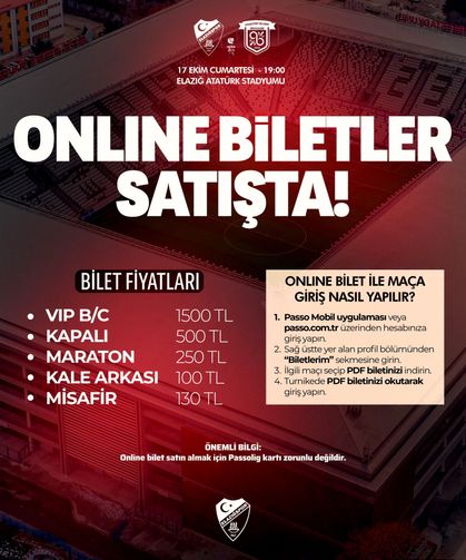 Elazığspor - Arnavutköy Belediyespor Biletleri Satışa Çıktı