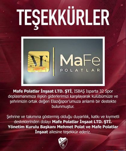 Deplasman Giderlerini Karşılayan Mafe İnşaat’a Teşekkür