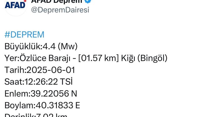 Bingöl’de 4,4 büyüklüğünde deprem