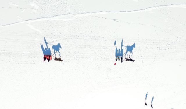 Kısmen donan Çıldır Gölü'nde atlı kızak heyecanı başladı