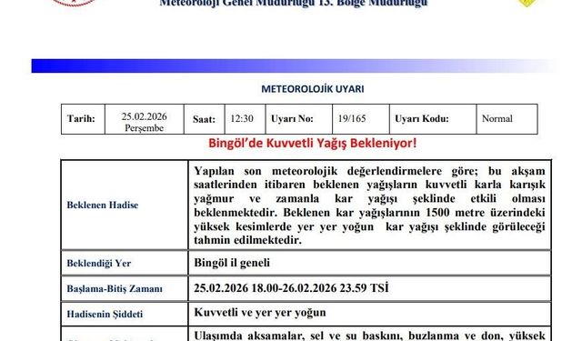 Bingöl için 'Kuvvetli Yağış' uyarısı