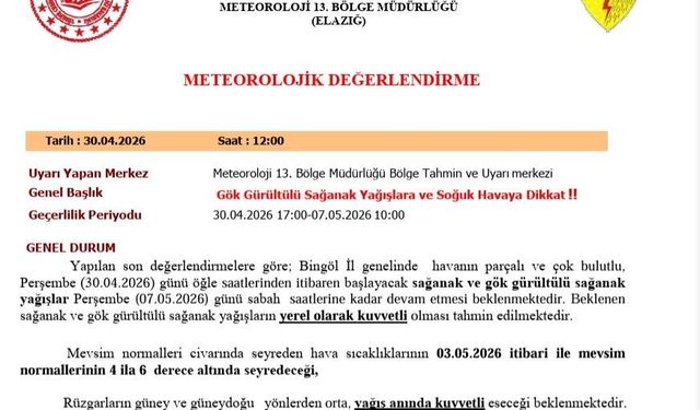 Bingöl için sağanak yağış uyarısı
