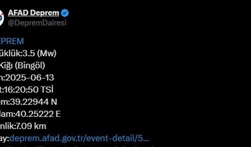 Bingöl’de 3.5 büyüklüğünde deprem