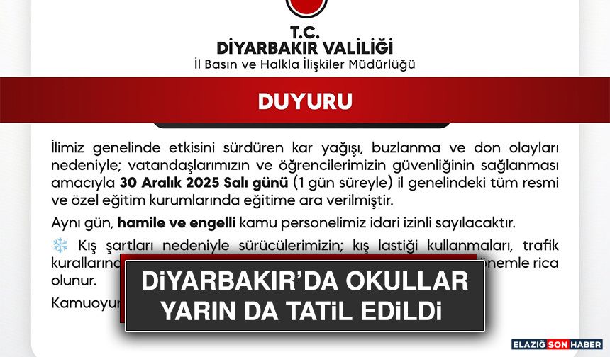 Diyarbakır’da Okullar Yarın Da Tatil Edildi