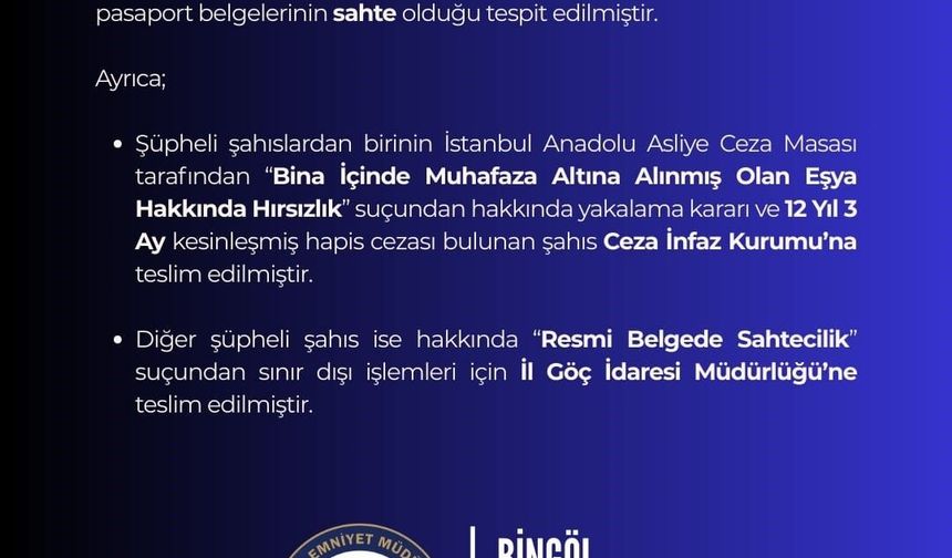 Bingöl'de sahte pasaportlu 2 şüpheli yakalandı