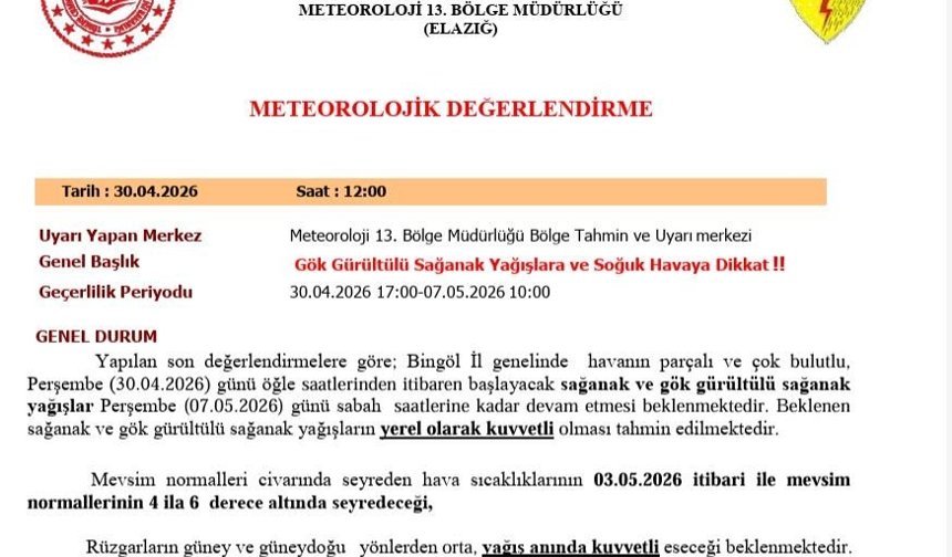 Bingöl için sağanak yağış uyarısı